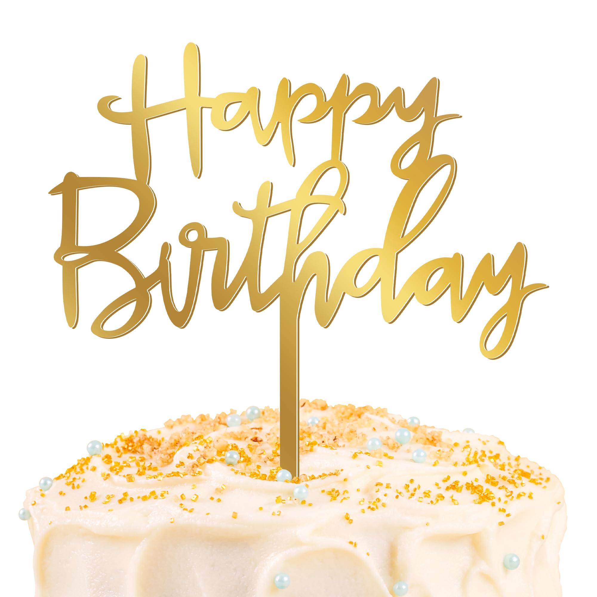 Photo 1 of 1PCS Gold Happy Birthday Cake Topper, 4.7 x 5.5 Inches Birthday Cake Decorations, Glitter Mirror Acrylic Cake Topper for Birthdays, Anniversaries, or Milestone Celebrations