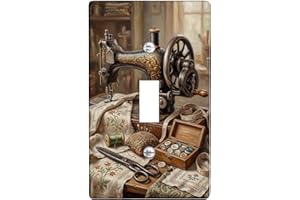 Sewingmachine Single Light Switch Cover Plate, Vintage Rustic Scissors Buttons None Brown Plastic Standard Size Decorative Wa