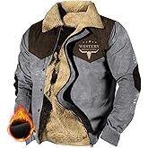 domirica Western Cowboy Ethnic Jackets for Men Longhorns Graphic Fleece Zip Up Trucker Jackets Heavyweight Work Coat