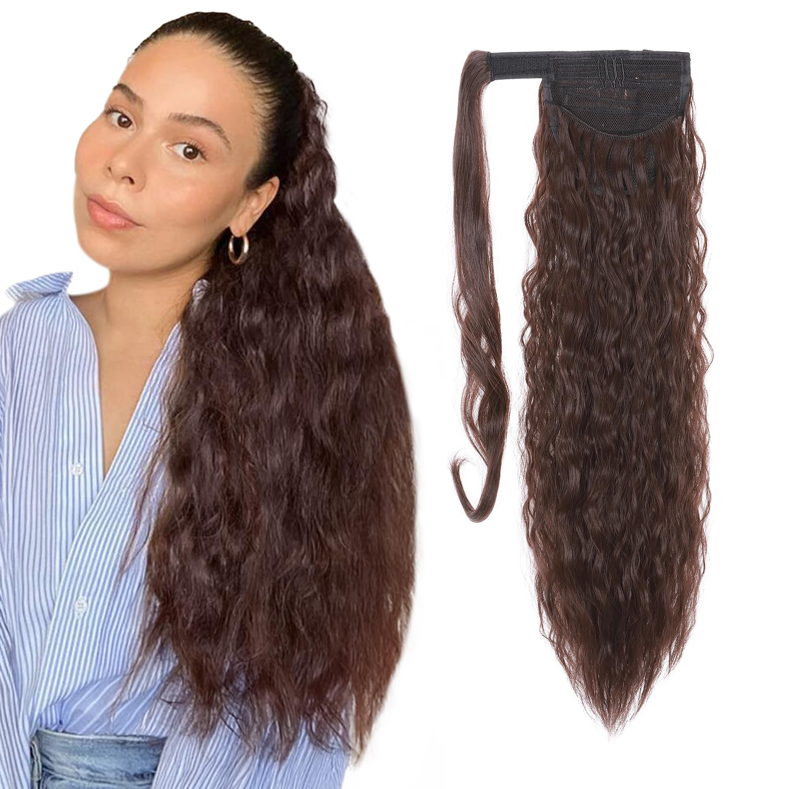 20 Inch Real Long Corn Wave Ponytail Clip in Hair Extensions Magic Paste Wavy Wrap Around Ponytail Hairpiece for Women Medium Brown