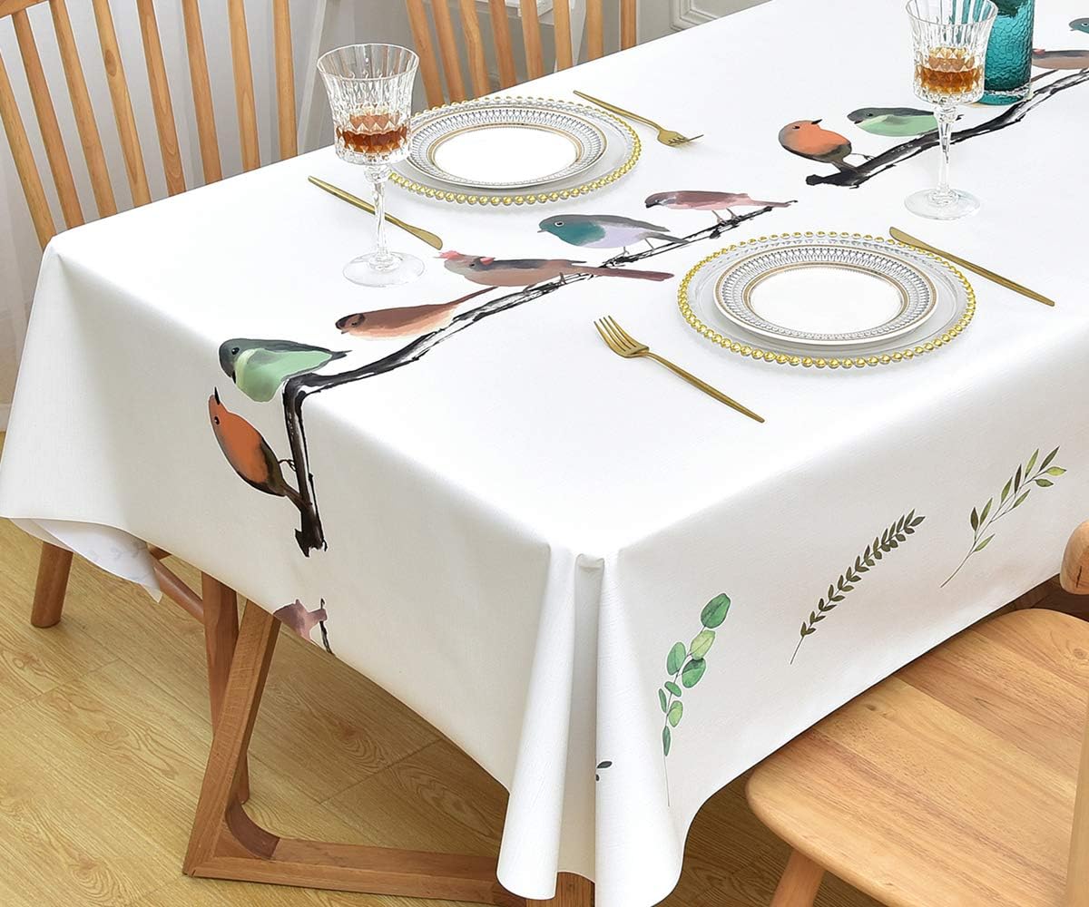 Yofori Table Cloth Plastic Tablecloth Wipeable PVC Wipe Clean WaterProof Table Cover (Bird, 137x250cm), 98.4 x 53.9 inch (Rectangular)
