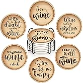 Britimes Coaster for Drinks Set of 6, Wine Stamp Wooden Bottle Absorbent Round Ceramic Stone Mat, with Cork Base and Metal Holder, Gift for Housewarming Room Bar Decor