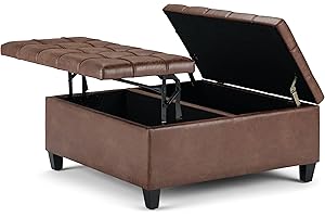 SIMPLIHOME Harrison 36 inch Wide Transitional Square Coffee Table Storage Ottoman in Distressed Umber Brown Vegan Faux Leather, Assembled, For the Living Room and Bedroom