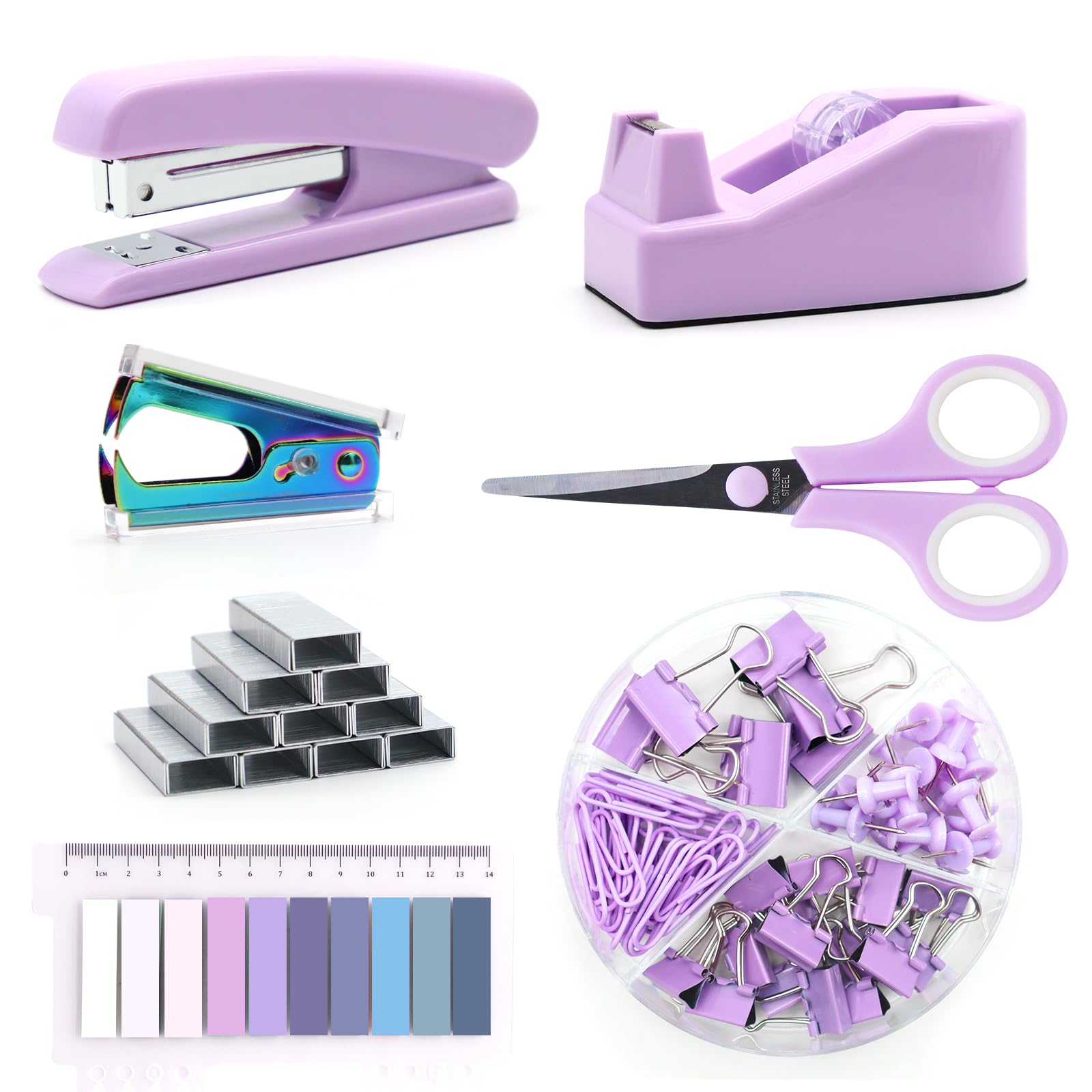 QpenguinBabies Purple Office Supplies and Desk Accessories, Stapler and Tape Dispenser Set, Purple Desk Accessory Kit,Cute Office Supply Set for Women, Gift for Students, Coworkers, Boss Lady