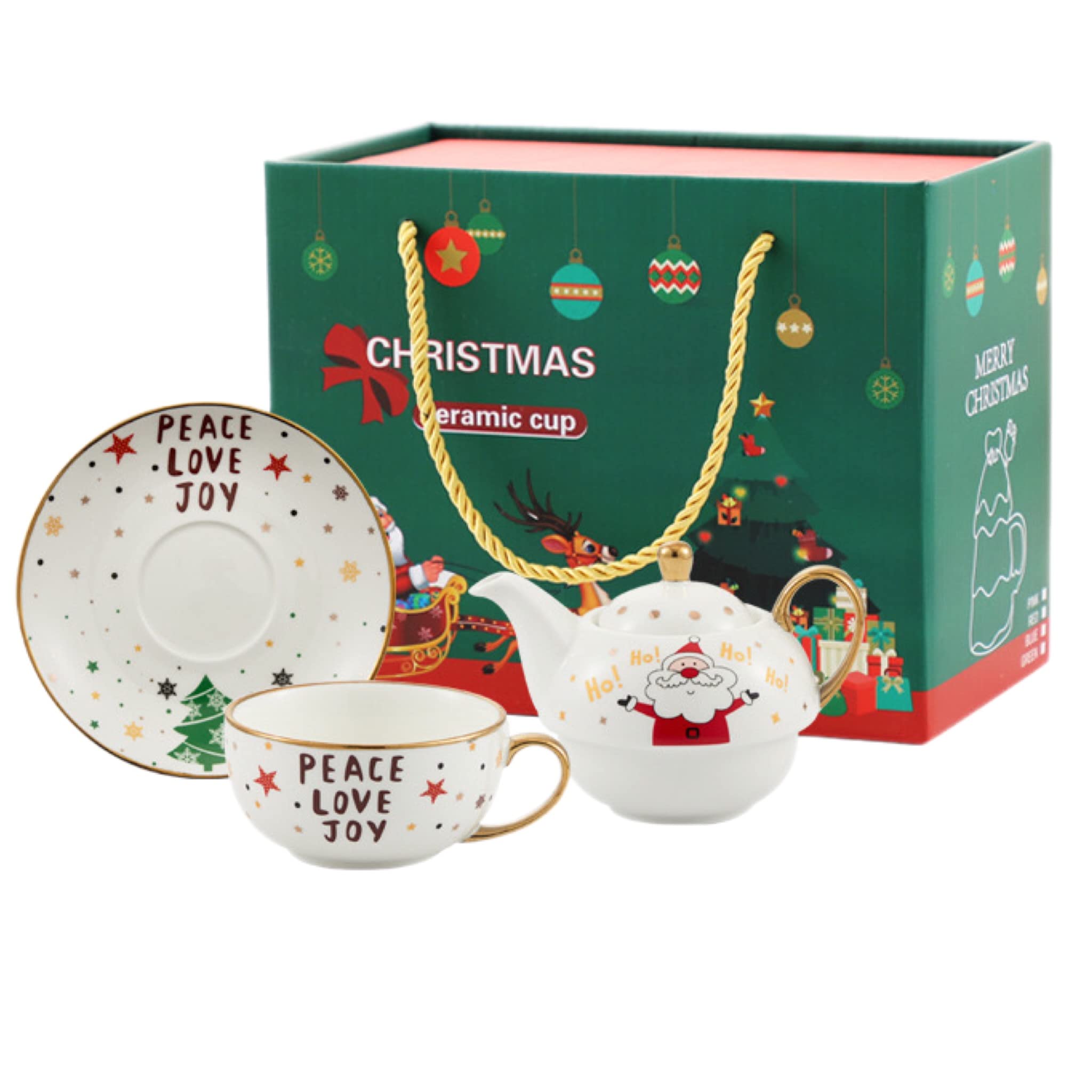 eBoutik - Christmas Tea for One Tea Pot & Cup - Teapot, Cup & Saucer Set - Xmas Gift in Beautiful Presentation Bag - (Peace, Love & Joy)