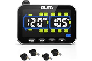 GUTA Tire Pressure Monitoring System, RV Trailer TPMS with 4 Flow Thru Sensors & Color LCD Display, 6 Alert Modes, Long-Distance Sensing, for Trailer, Trucks, Motor Home (0-188 PSI)