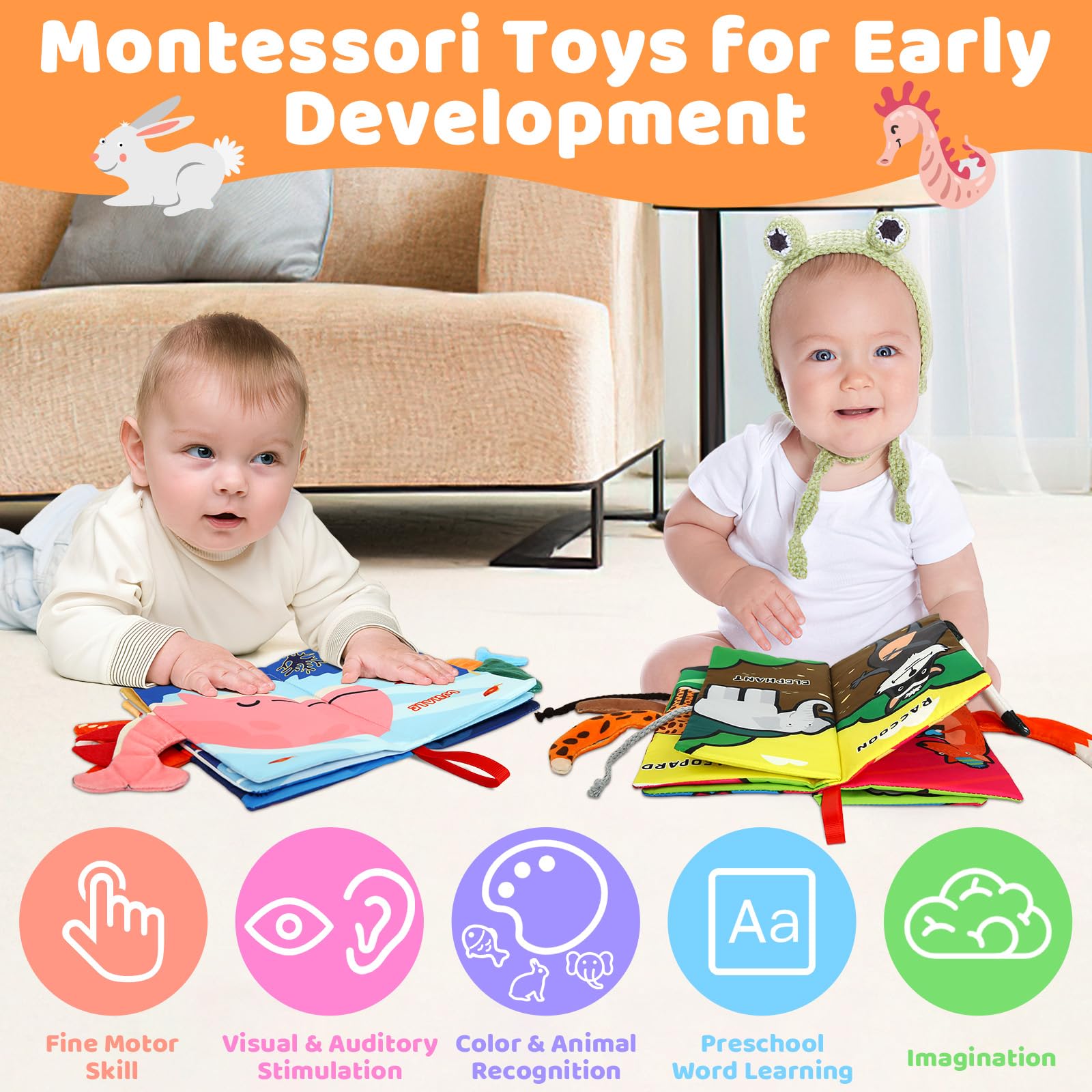2PCS Baby Books - Montessori Toys Cute Animal Theme Baby Cloth Books 6 to 12 Months, Soft Stuffed High Contrast Crinkle Infant Sensory Toys, Boys&Girls Kids Early Learning Gifts