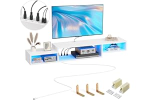 FABATO 59'' Floating TV Stand with LED Light Power Outlet, Floating Shelf for Under TV Wall Mount with Storage Shelf, Media Console Entertainment Center for Living Room, White