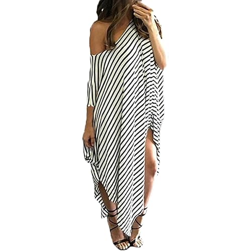 Kidsform Women Maxi Dress Striped Long Dresses Casual Loose Kaftan Oversized Round Neck Sundress