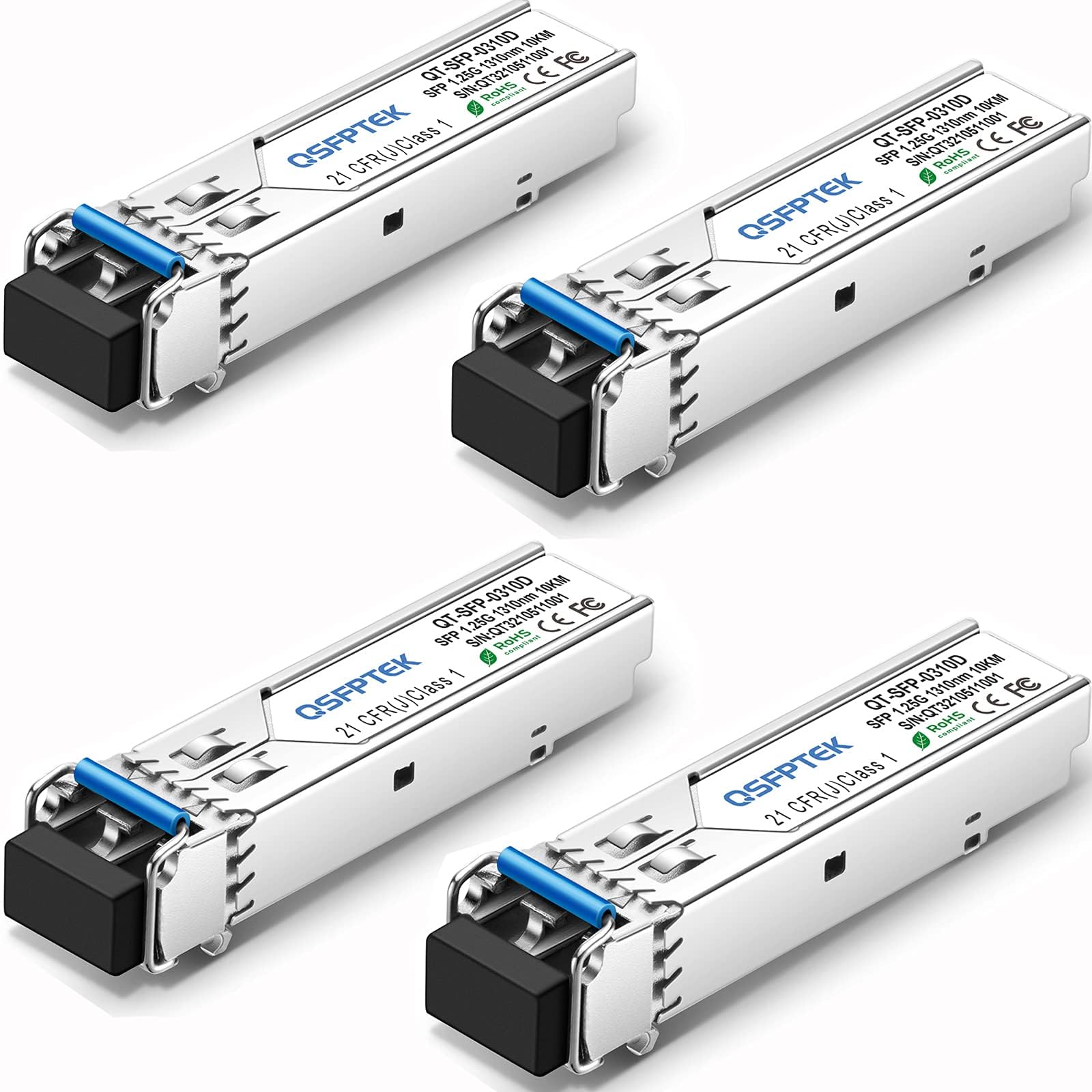 QSFPTEK 4Pack 1000BASE-LX/LH Gigabit SFP Module, 1310nm, 10km, DDM, Single-Mode LC Mini-GBIC Transceiver for Cisco GLC-LH-SMD/GLC-LX-SM-RGD, Ubiquiti UF-SM-1G, Netgear, Mikrotik, Supermicro