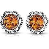 Amberta 925 Sterling Silver with Genuine Baltic Amber - Earrings for Women - Bloom Button Ball - Studs with Various Stone Colors