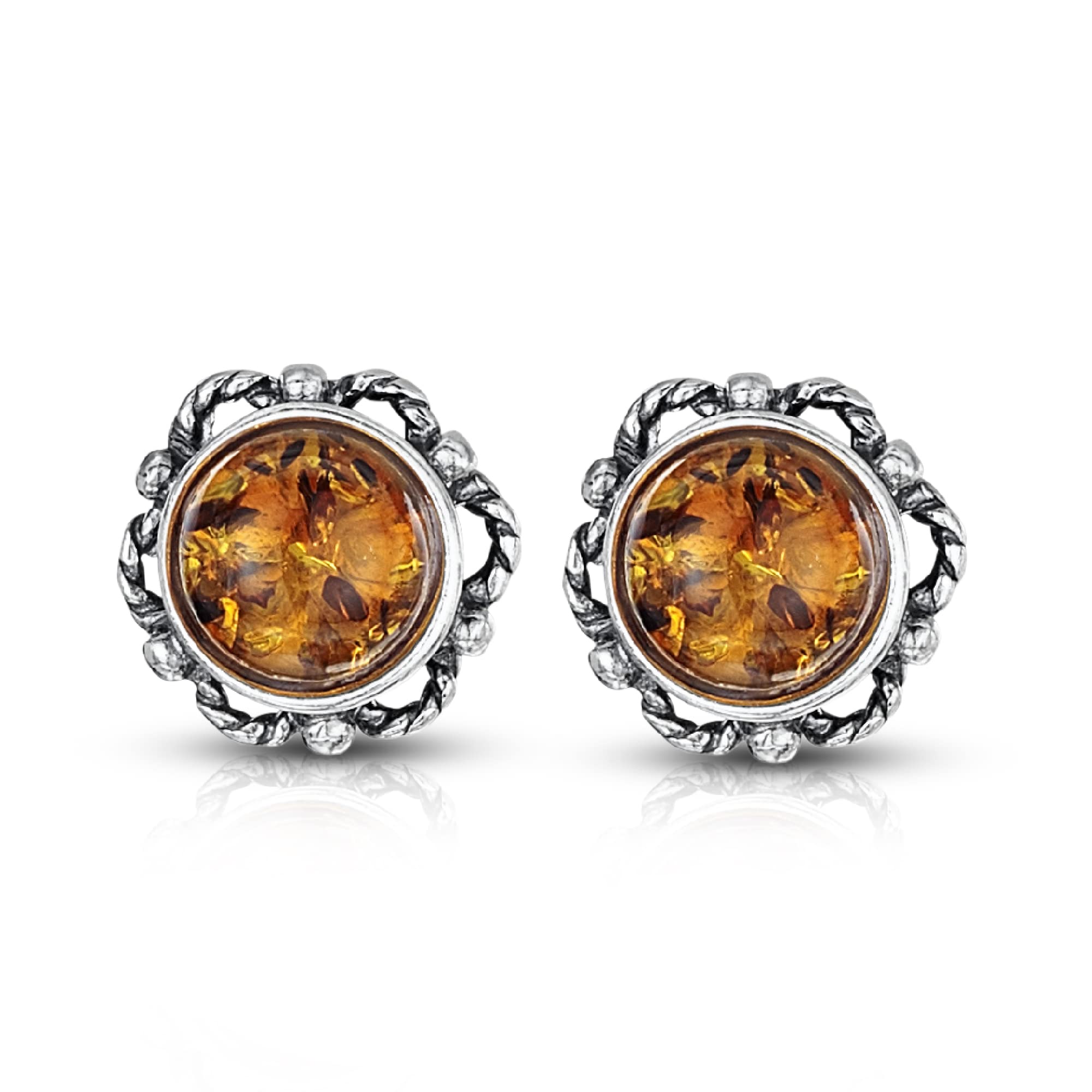 Amberta 925 Sterling Silver with Baltic Amber - Stud Round Earrings - Honey Colour