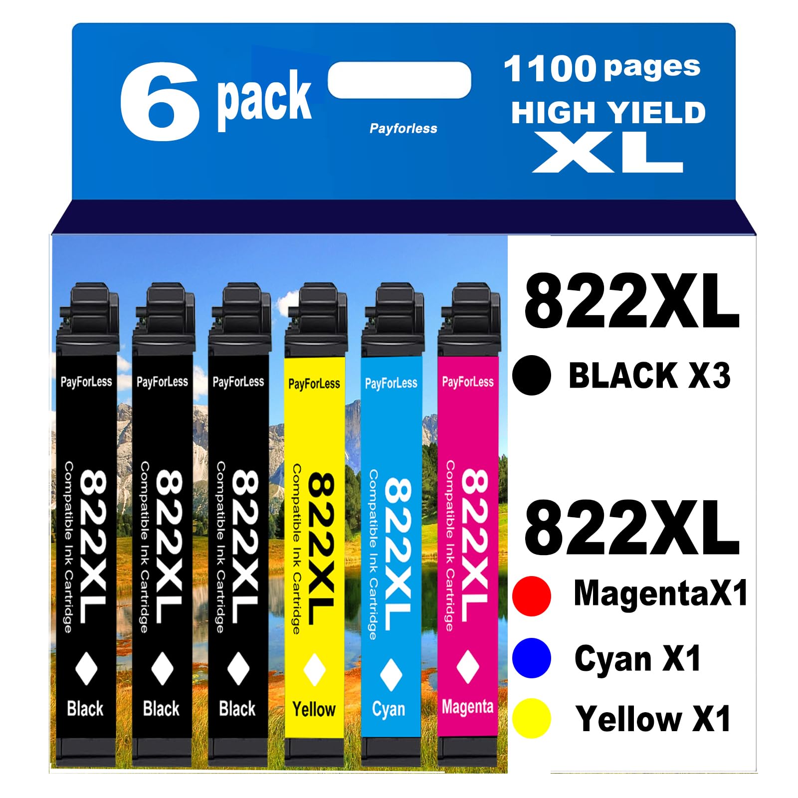 Photo 1 of 822XL Remanufactured for Epson 822XL Ink Cartridges for 822 XL T822 for Workforce Pro WF-3820 WF-3823 WF-4820 WF-4830 WF-4833 WF-4834 Printer 6 Pack 3 Black 1 Cyan 1 Magenta 1 Yellow