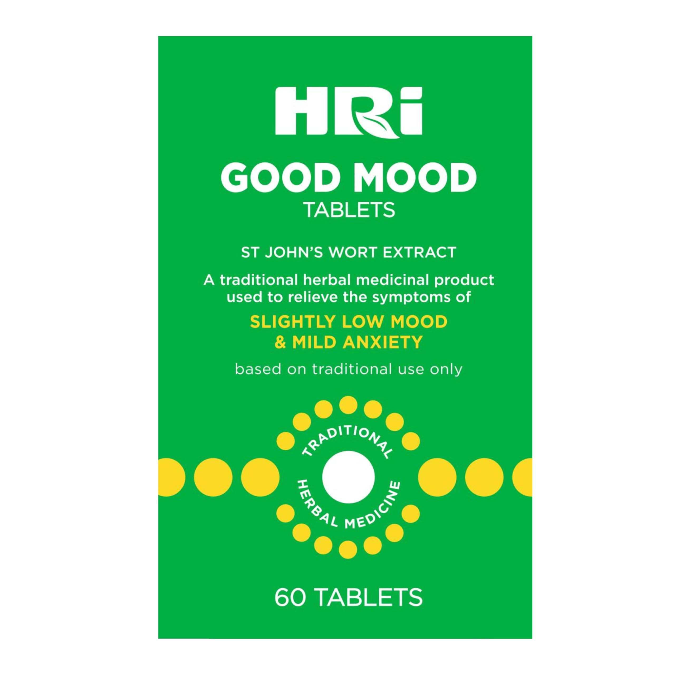 HRI Good Mood 60 Tablets - to Relieve The Symptoms of Slightly Low Mood and Mild Anxiety - 334 mg of St John's Wort Extract, Equivalent to 1670mg – 2338mg of St John’s Wort. 1 Pack