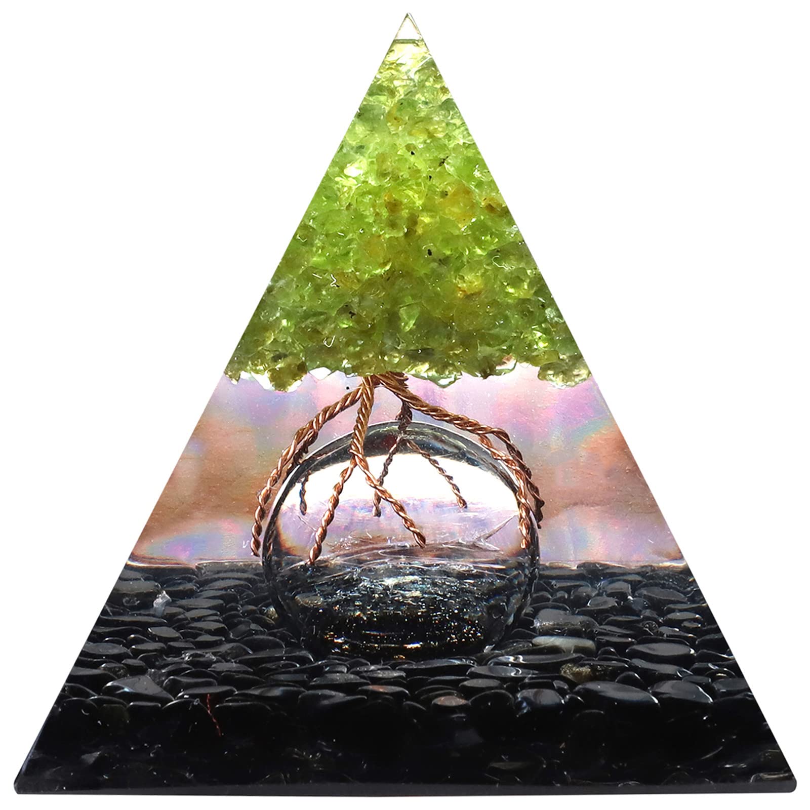 Nupuyai Peridot Tree of Life Obsidian Crystal Piramid with Glass Crystal Ball, Spiritual Healing Stone Pyramid Quartz Point Ornament for Protection Home Decor