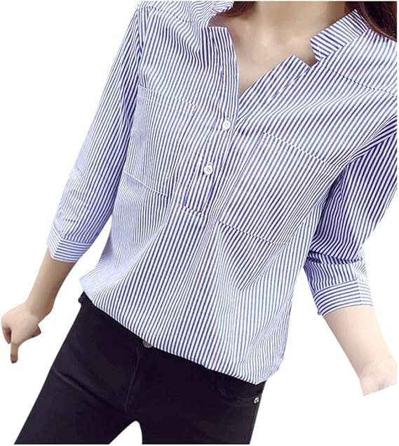 Amazon 花千束 シャツ レディース ストライプ プリント ボタン Vネック 7分袖 夏服 長袖シャツ 春夏秋 シャツ ブラウス 通販