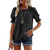 CHICME Womens Summer Tops Crewneck Puff Sleeve Shirts Dressy Casual Blouses Flowy Lace Hem Boho Clothing Trendy 2026