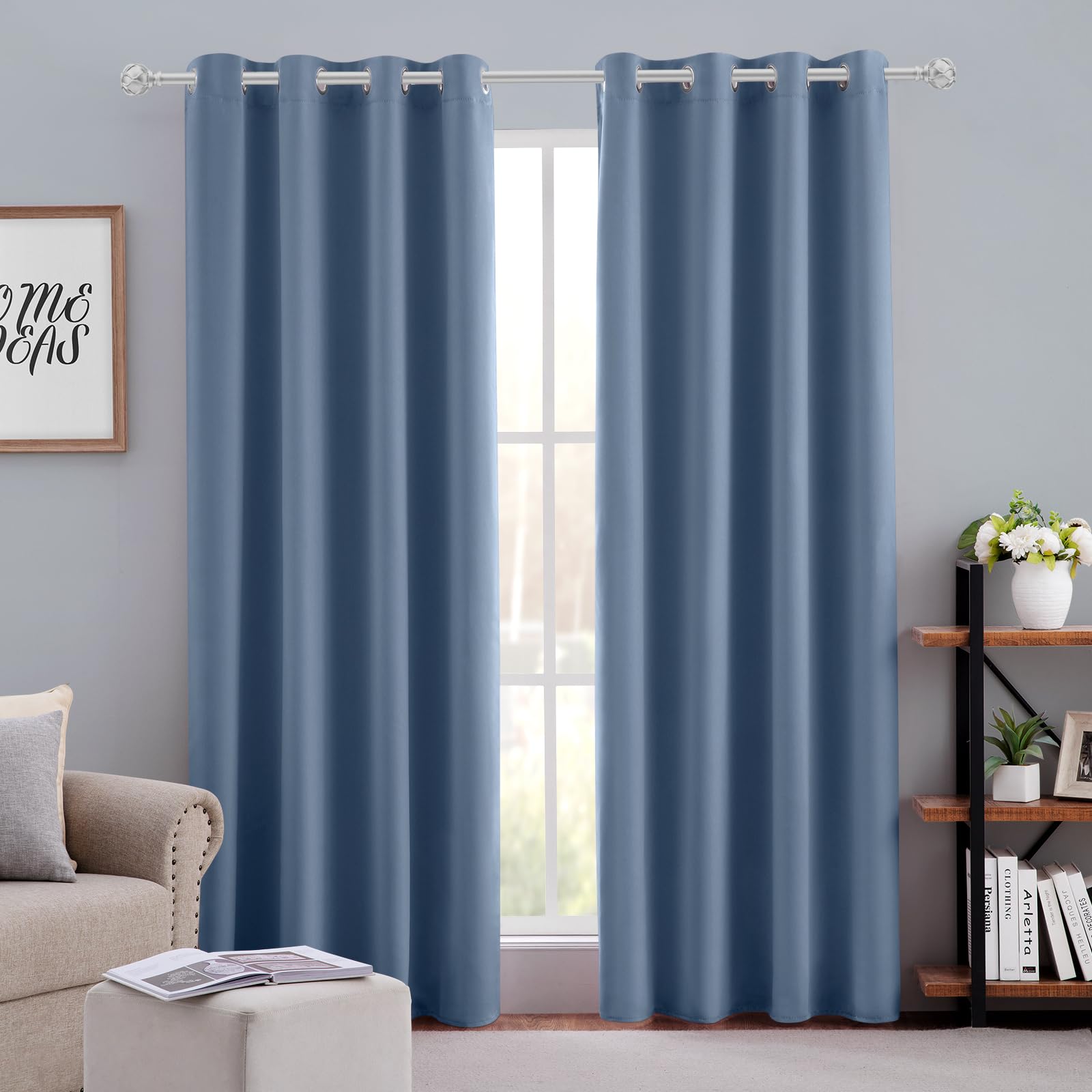 HOMEIDEAS Stone Blue Blackout Curtains 52 X 84 inches Long 2 Panels Room Darkening Bedroom Window Curtains, Grommet Fall Curtains for Living Room Image