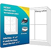 4" x 5" Glossy White Waterproof Shipping & Mailing Labels, 80 Labels (4 Labels Per Sheet), Printable Vinyl Sticker Labels for Inkjet & Laser Printers