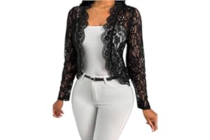 GORGLITTER Women's Sheer Lace Jacket Blazer Long Sleeve Open Front See Through Jackets