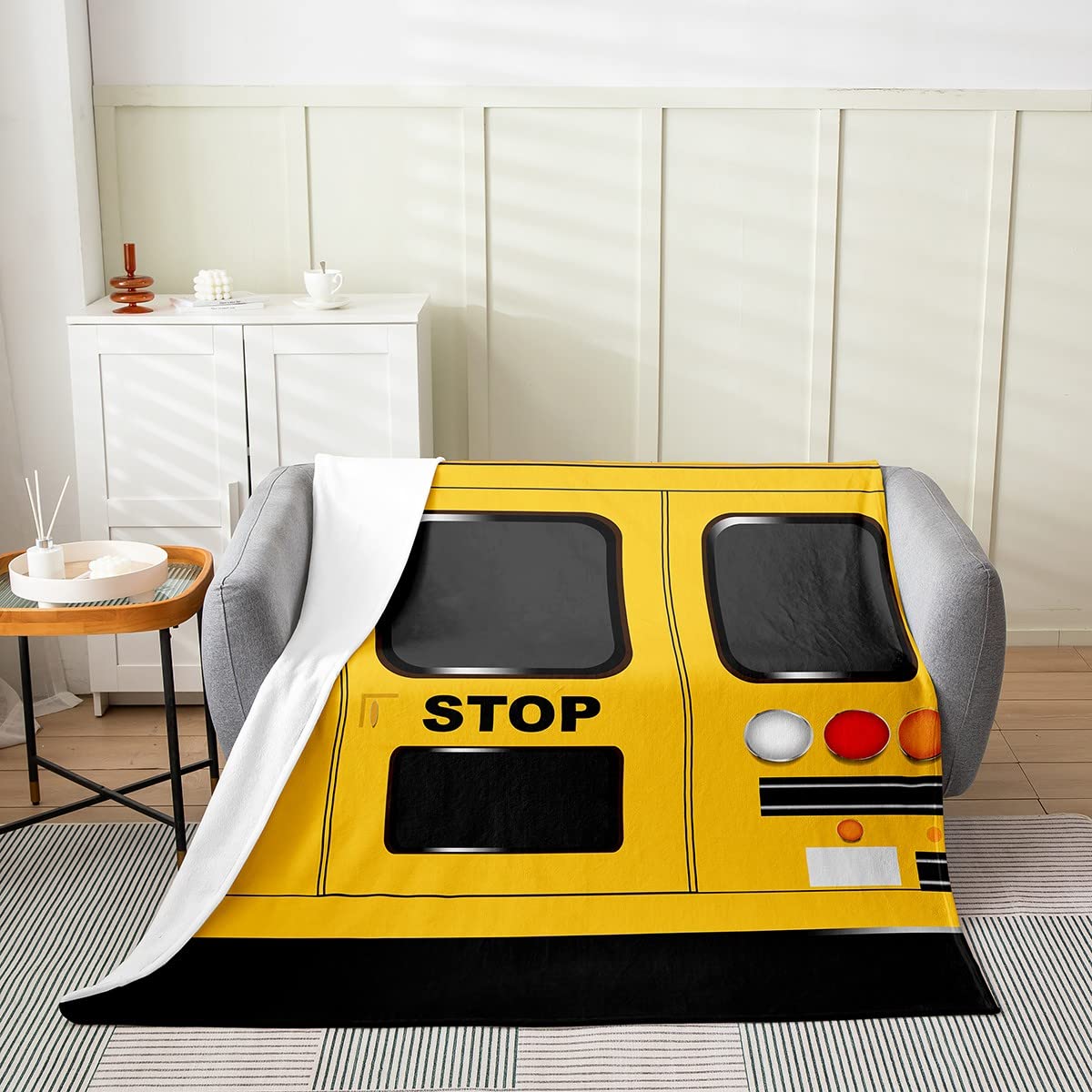 School Bus Print Flannel Fleece Throw Blanket - All