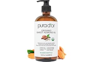 PURA D'OR 16.9 Oz ORGANIC Sweet Almond Oil (GLASS BOTTLE) 100% Pure & Natural USDA Certified Cold Pressed Carrier Oil For DIY Beauty - Non-Greasy, Unscented, Hexane Free Moisturizer - For Hair & Skin