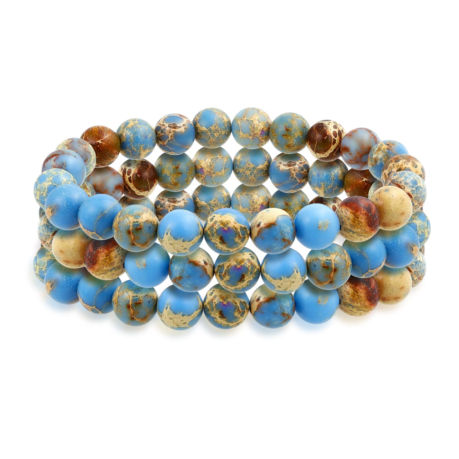 Bling Jewelry Set Of 3 Plain Stacking Round Beige Brown Blue Earth Tone Jasper Stone Ball Bead Stackable Strand Stretch Bracelet For Women Teen For Men 8MM