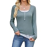 Quatrefox Y2k Shirt Women Long Sleeve Button Lace Patchwork Tshirt Tops Slim Fit Scoop Neck Henley Fall Tee