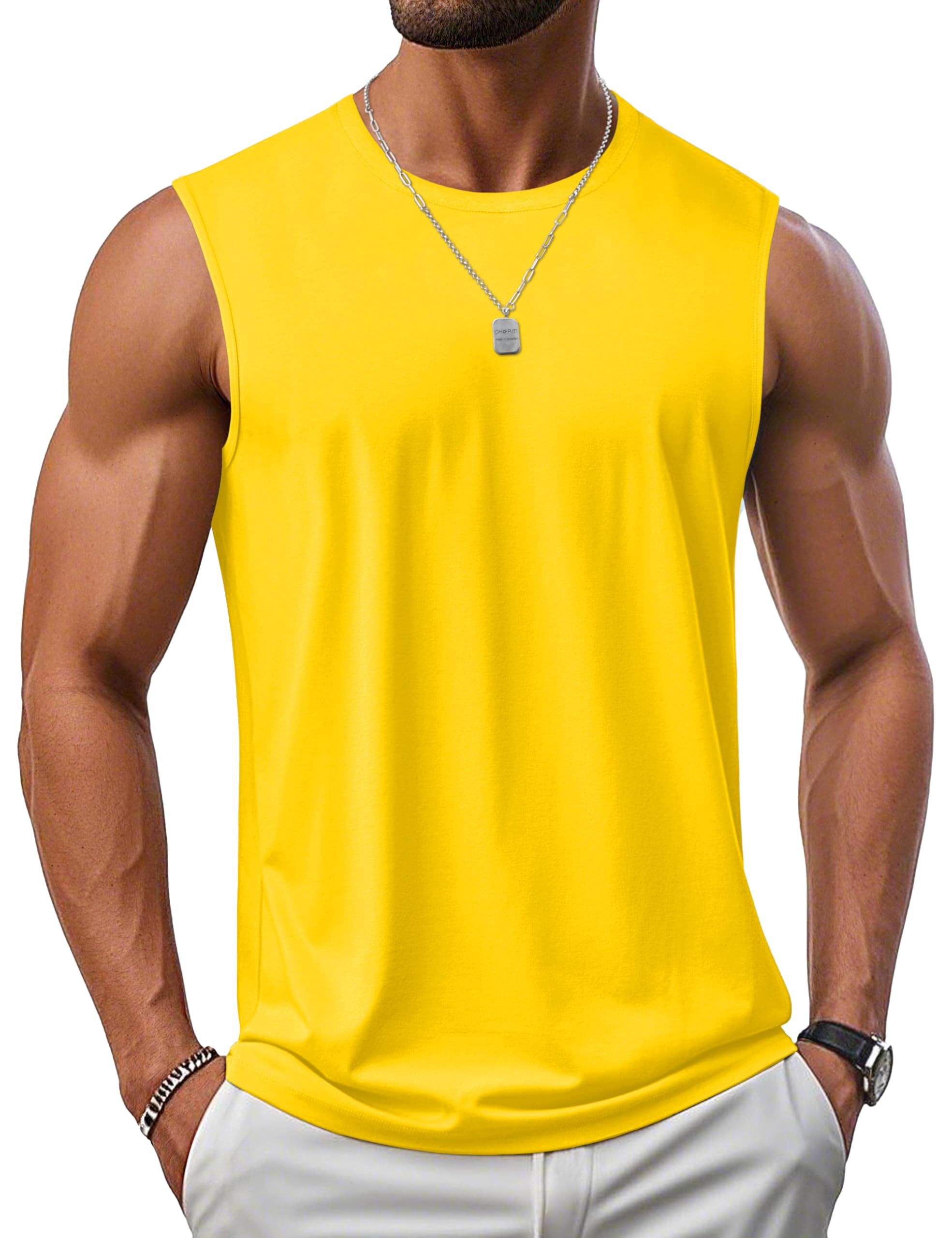 View 1 of MAGCOMSEN Men's UPF 50+ Tank Top Gym Workout Sleeveless Muscle Shirts Cooling Soft Cut Off Shirts Summer Sleeveless T Shirt Yellow S