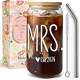 Niyorayna Mrs Cups,Est 2026 Wedding Engagement Gifts for Woman,Gifts for Anniversary,Bridal Shower,Cute Newly Wed Gift for Hers,16oz Glass Coffeee Cups with Lids and Straws Hostess Gift -69