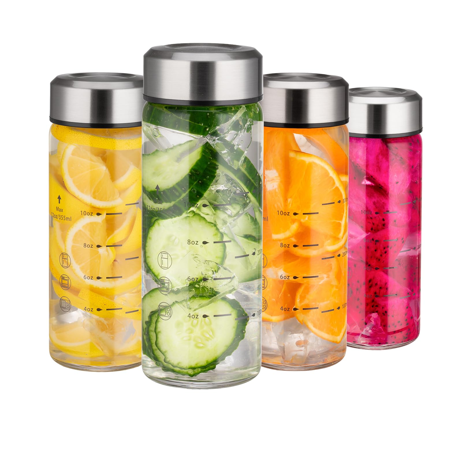Photo 1 of Glass Juice Bottles 12oz - 4 Pack Wide Mouth Water Bottles with Lids for Juicing Reusable Juice Bottles for Smoothie Beverage Storage BPA Free Leakproof Borosilicate