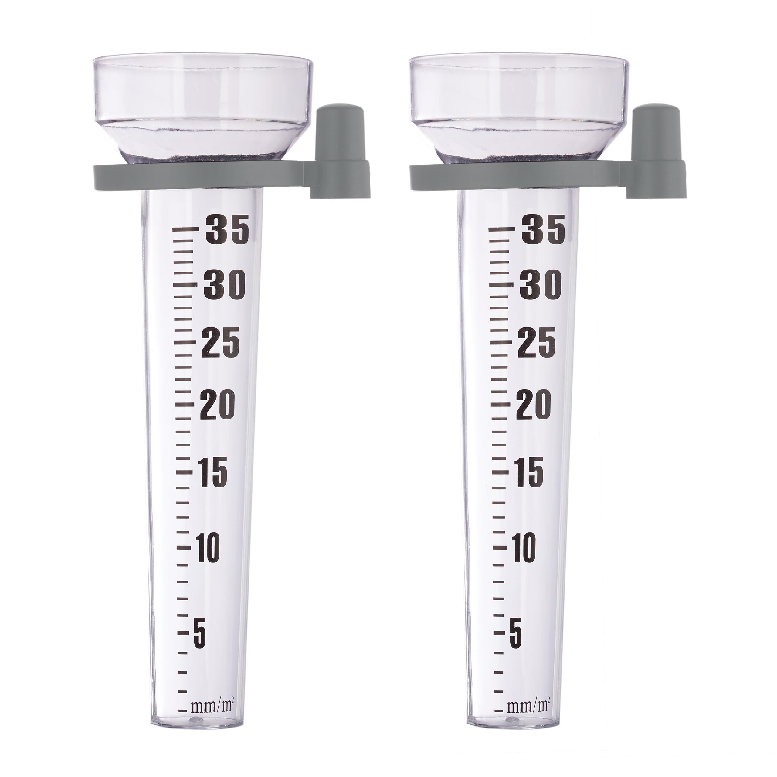 Relaxdays Rain Gauge, 2x Set, Precipitation Measurer, Rainfall Indicator Kit, Holder, Scale 35 mm/m², Transparent/Grey