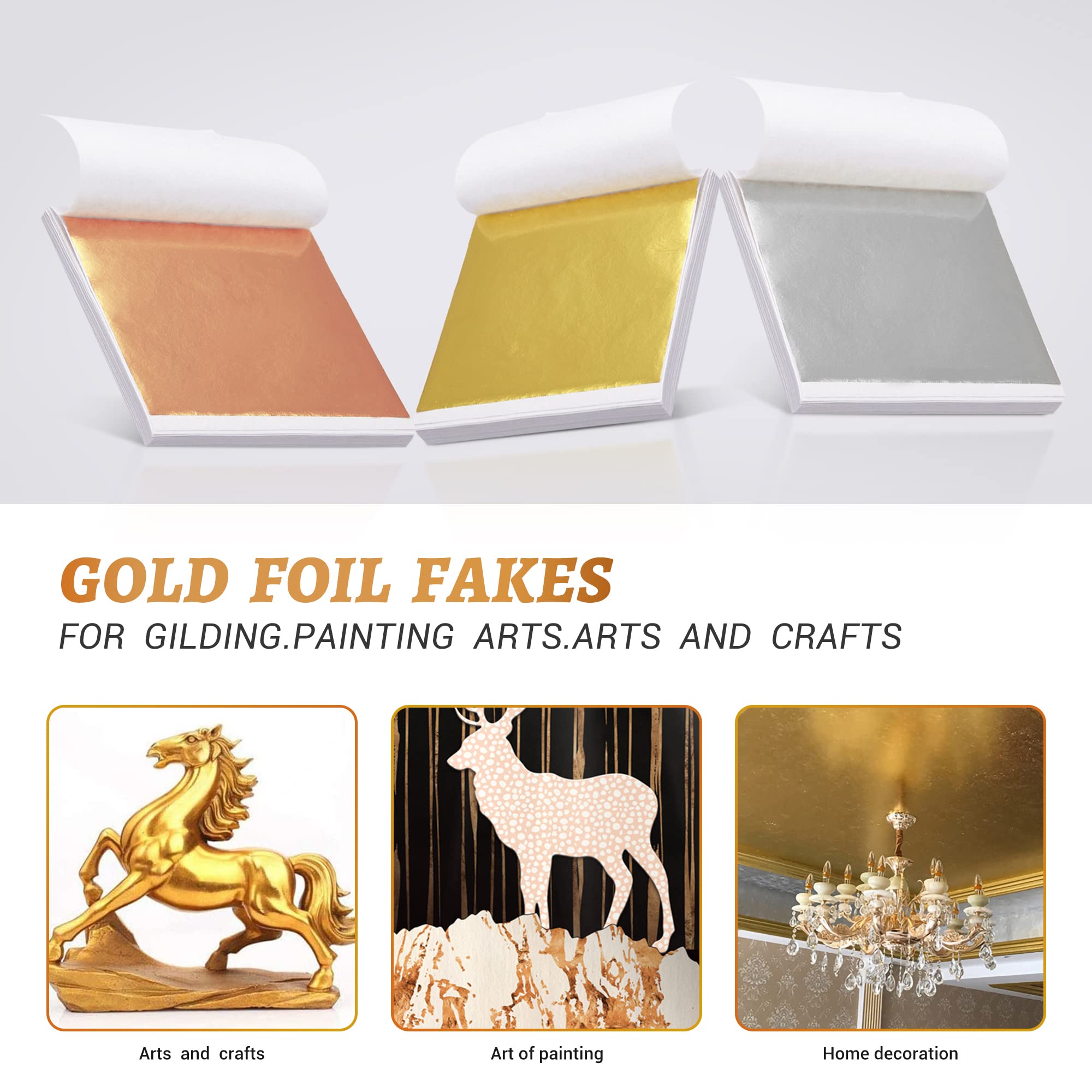 Yuegit 300 Pieces Imitation Gold Leaf Sheets : Gold Foil Sheets for Resin, DIY Art, Gilding Crafts, Paintings, Nail Art, Frames, Home Decoration 5.5X5.5 Inch (Gold,Silver,Rose Gold Each 100 pcs)