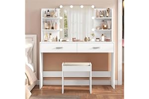 usikey Vanity Desk with Mirror and Lights, Makeup Vanity Set with 2 Drawers and Open Shelves, Makeup Vanity Desk Dressing Table with Cushioned Stool and 10 LED Lights, White