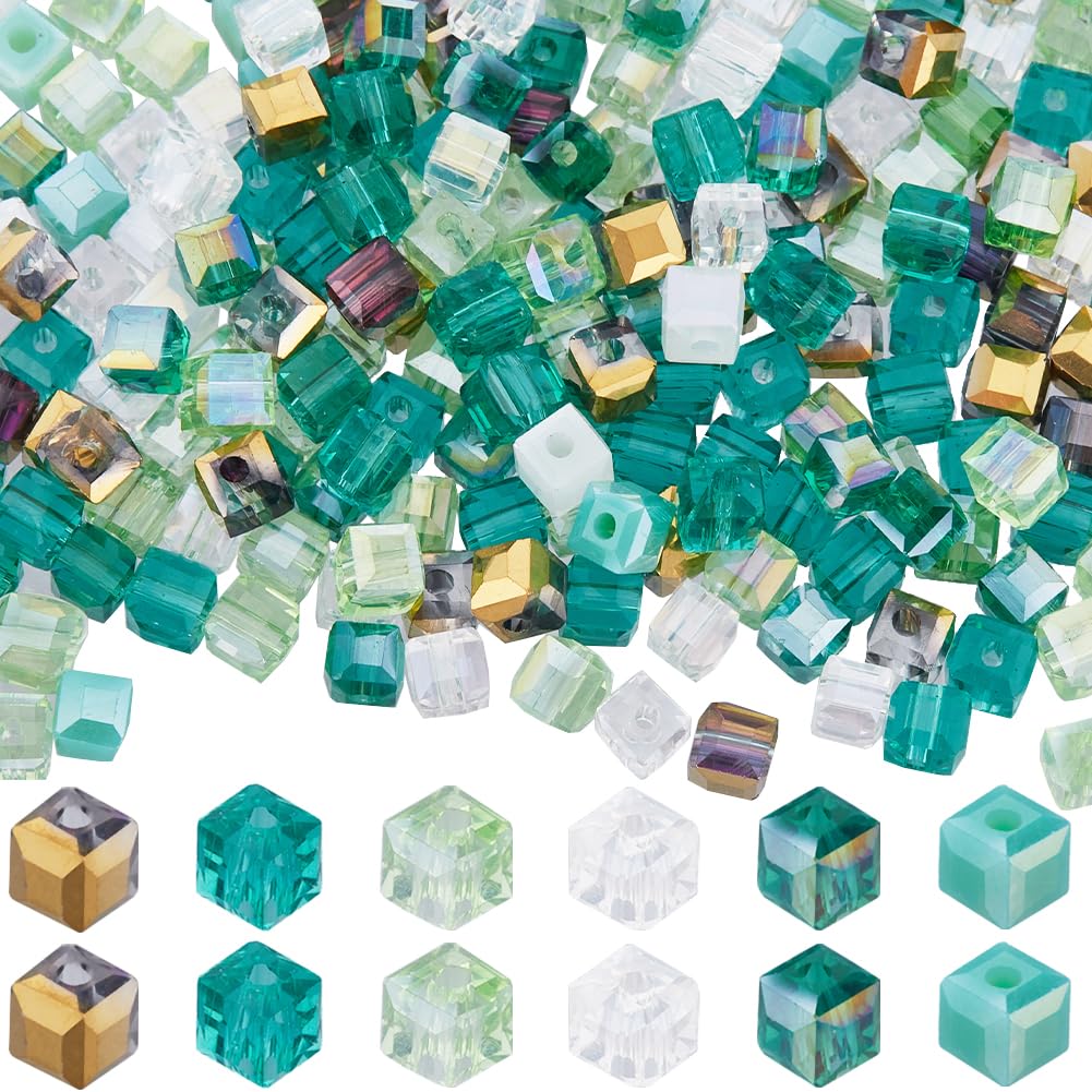 SUNNYCLUE 1 Box 300Pcs 6 Colors 4mm Glass Cube Beads Crystal Cube Beads Green Square Transparent AB Color Plated Faceted Loose Spacer Hole Bead Bulk for Jewellery Making Bracelet Necklace DIY Crafts