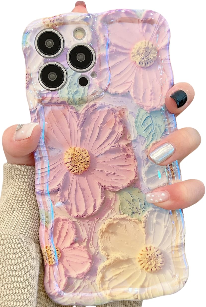 Amytor for iPhone 13 Pro Case, Colorful Retro Oil Painting Printed Flower Laser Glossy Pattern Cute Curly Wave Edge Exquisite Phone Cover Stylish Durable TPU Protective Case (Pink Yellow)