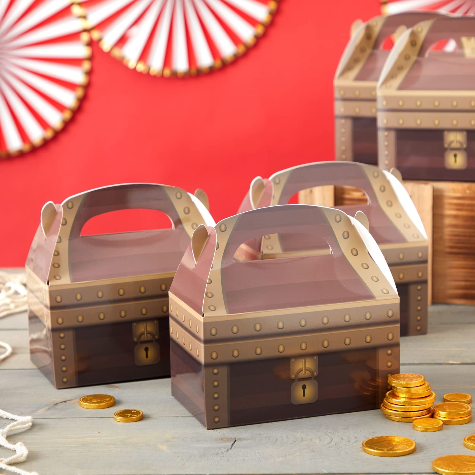 BLUE PANDA Treat Boxes - 24-Pack Paper Party Favor Boxes, Pirate Theme Treasure Chest Loot Design for Birthdays and Events, 6 x 3.3 x 3.6 inches