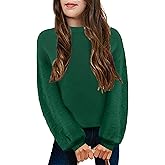 Arshiner Girls Crewneck Sweaters Chunky Lantern Sleeve Knit Jumper Tops Casual Drop Shoulder Pullover Outwear for 5-13 Years