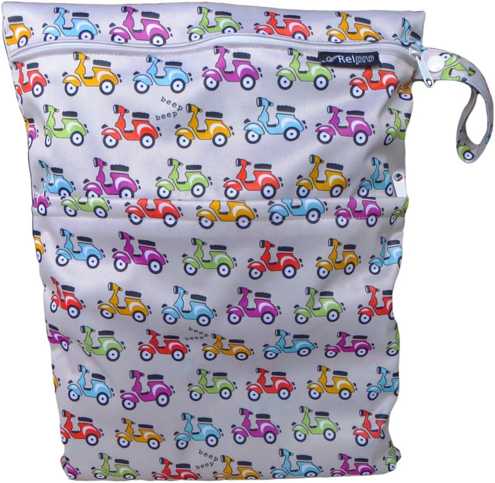 #1 Premium Quality Waterproof PUL Durable Designer Wet Bag for Baby Cloth Diaper / Multipurpose Storage Organizer Bag Machine Washable with Snap handle for strollers - for girls / guys. (Grey Based with Scooters)Arelpro