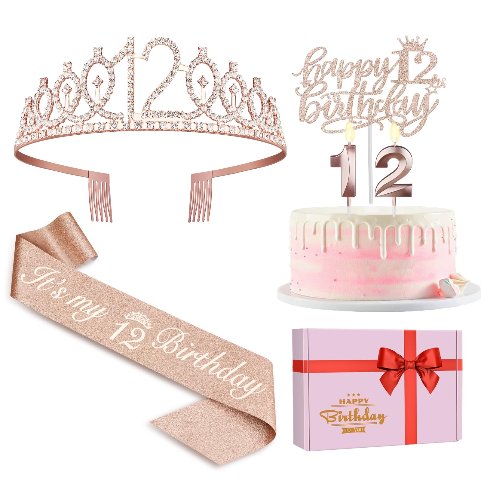Photo 1 of 12th Birthday Decorations for Girls Including Sash, Crown/Tiara, Candles and Cake Topper, Rose Gold 12 Year Old Birthday Party Decorations for A Girl