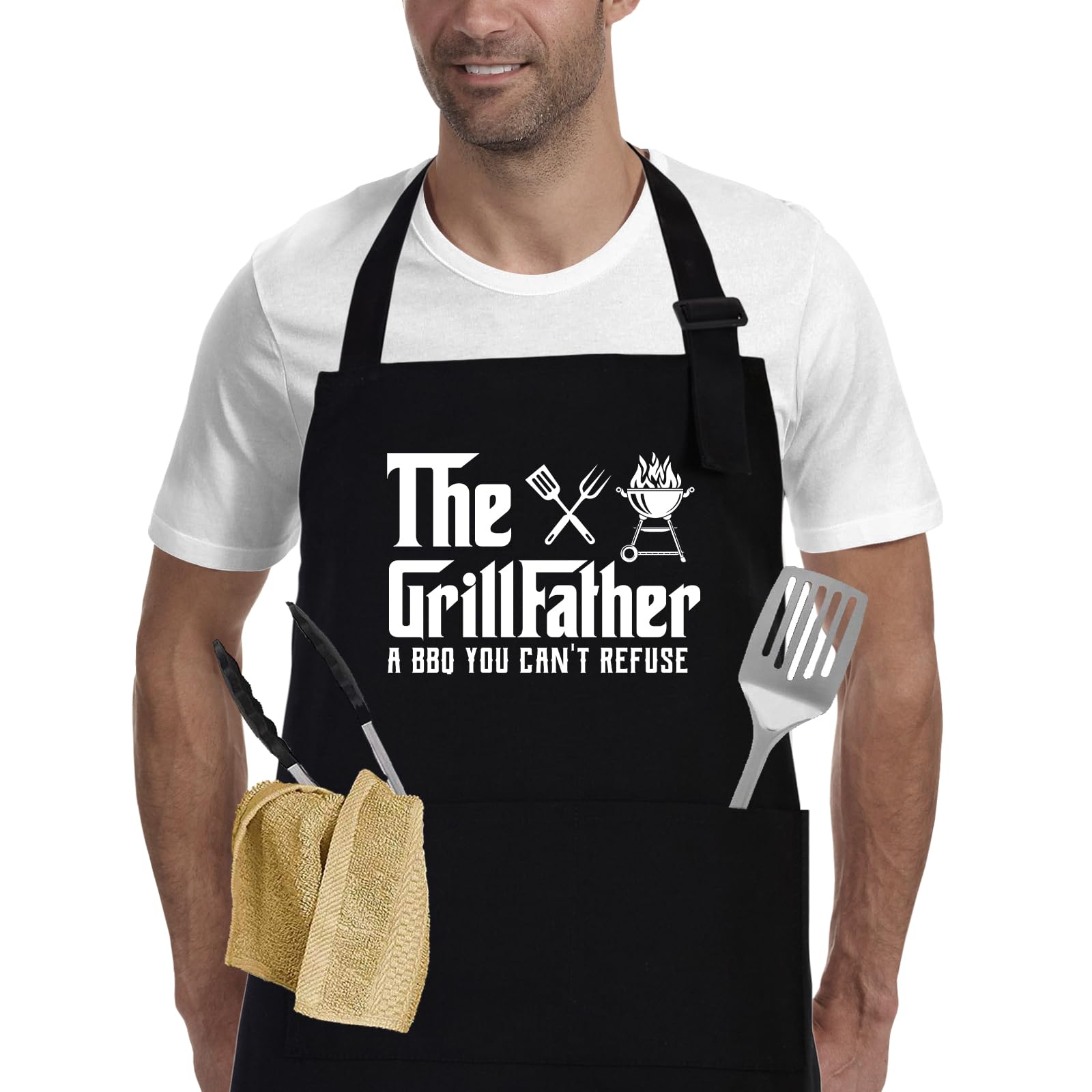 The Grill Father - BBQ Cooking Apron for Men, Funny Kitchen Apron with Pockets, Christmas Gifts for Men, Husband, Dad, Grandad Birthday Gifts