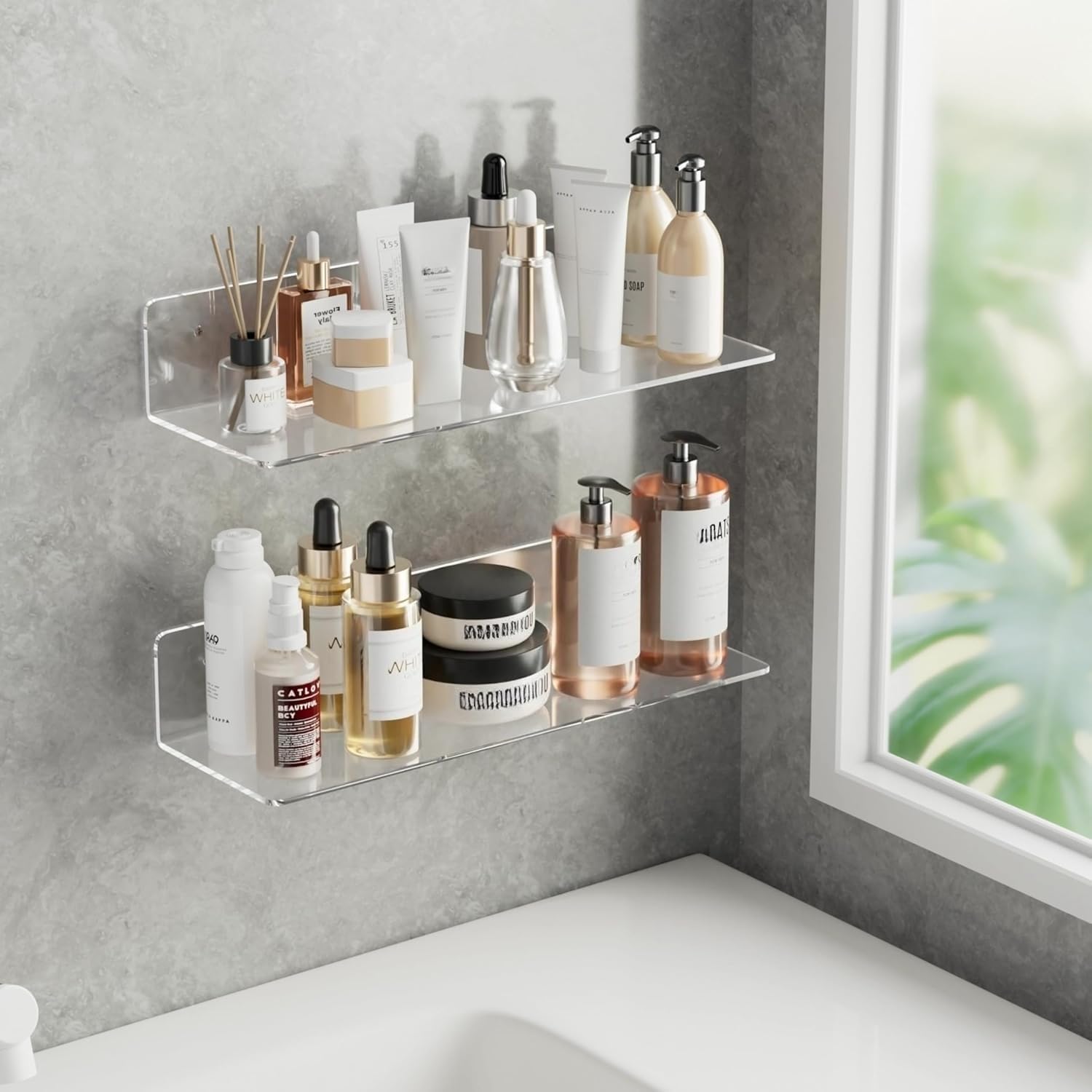 Photo 1 of 2-Pack Clear Acrylic Floating Shelves, 12" Invisible Wall Mounted Shelves – Space-Saving Storage for Kids’ Books, Bathroom, Bedroom, Kitchen, Living Room – Modern Display Organizer