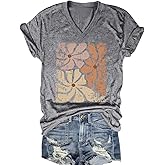 Vintage Flowers V Neck Shirt for Women Boho Floral Wildflowers Graphic Tee Casual Summer Vacation Beach Short Sleeve T Shirt