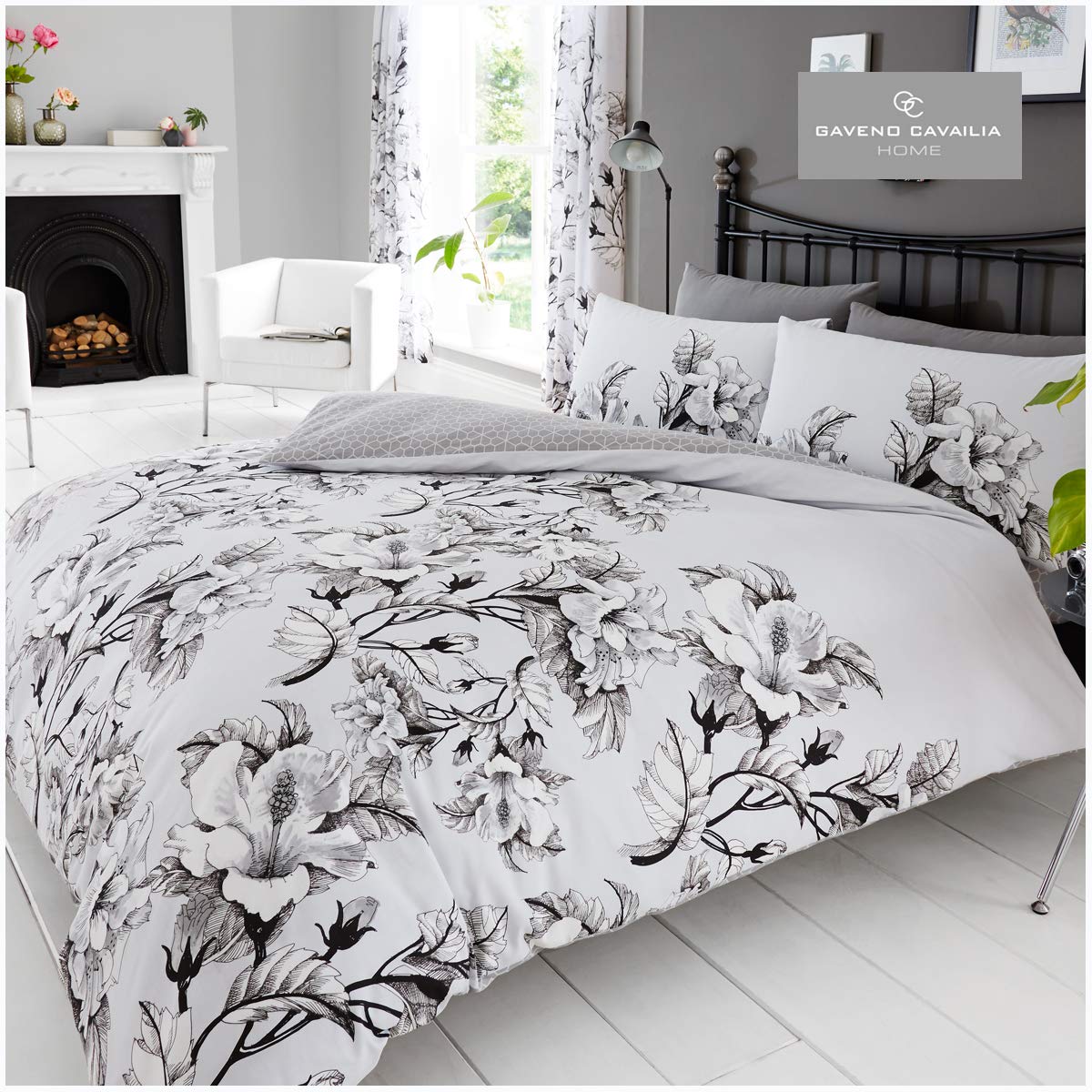 GC GAVENO CAVAILIA Gaveno Cavailia Eden Floral King Duvet Set Grey Bedding, 3 Piece Cotton Blend Reversible Printed Bedlinen, Easy Care DuvetCover Bedset, 1 Quilt Cover + 2 Pillow Cases