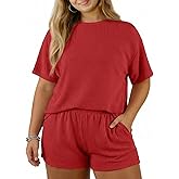 Eytino Plus Size Two Piece Sets for Women Short Sleeve Shirts High Waisted Shorts Pajamas Lounge Matching Set(1X-5X)