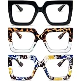 REAVEE 3 Pack Oversized Reading Glasses for Women Large Frame Extra Wide, Blue Light Blocking Stylish Thick Square Readers