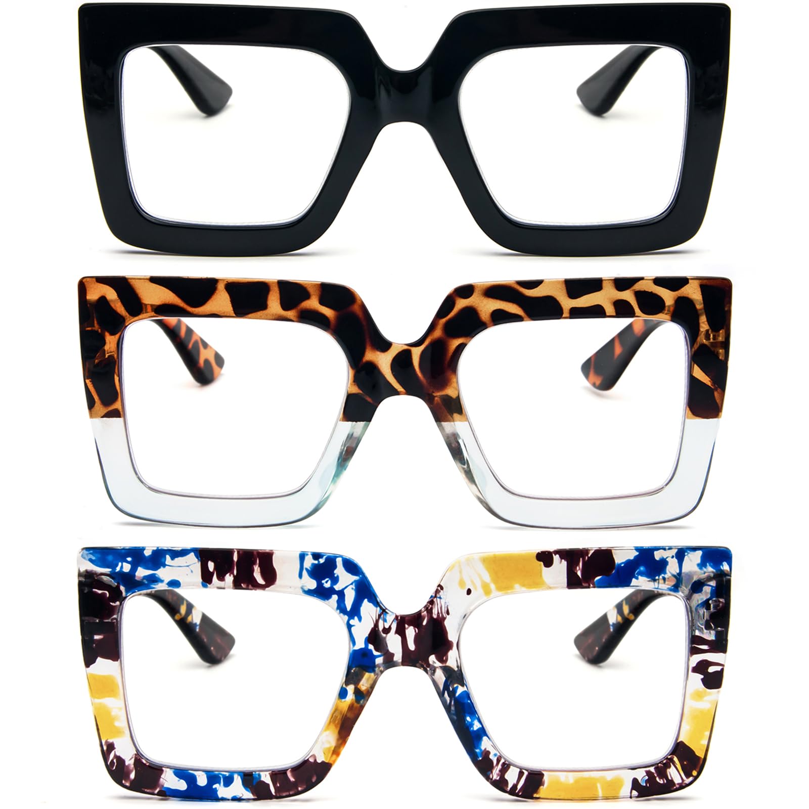Photo 1 of REAVEE 3 Pack Oversized Reading Glasses for Women Large Frame Extra Wide, Blue Light Blocking Readers Stylish Square Thick Eyewear, Black+Leopard Blue+Blue Yellow, 0.0
