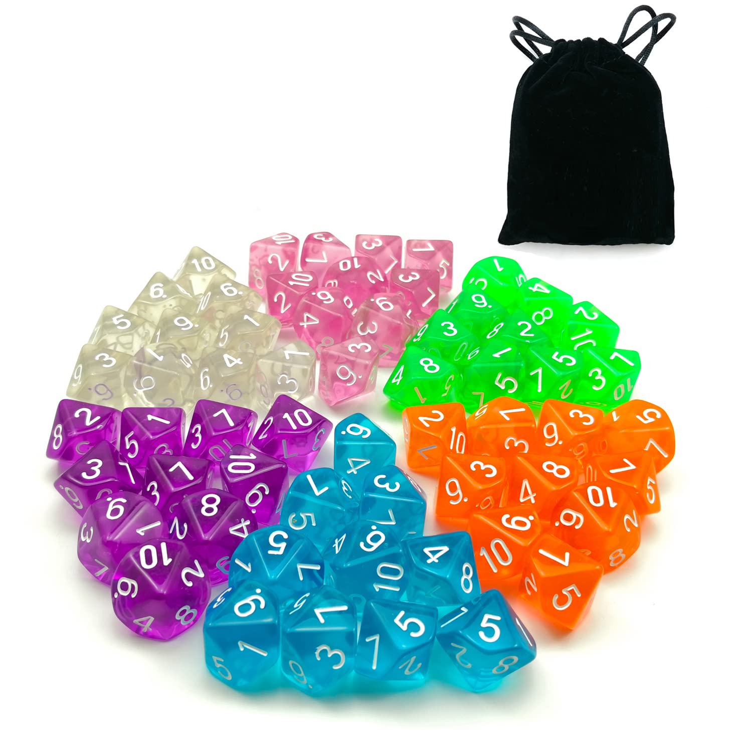 Photo 1 of 60pcs Assorted Colored Translucent D10 (1-10) Pack, 6X10pcs 10 Sides Dice Transparent Polyhedral Dice D10 Set in Black Velvet Pouch