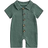 Honganda Summer Baby Boy Cotton Linen Jumpsuit Short Sleeve Button Down Playsuit Romper One Piece Outfit 0-24M