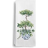 Qeheb Chinoiserie Kitchen Towels, Blue and White Kitchen Decor, Chinoiserie Natural Green Plant Decor Kitchen Towels, Vintage Blue and White Porcelain Kitchen Hand Dish Tea Towels 16X24In